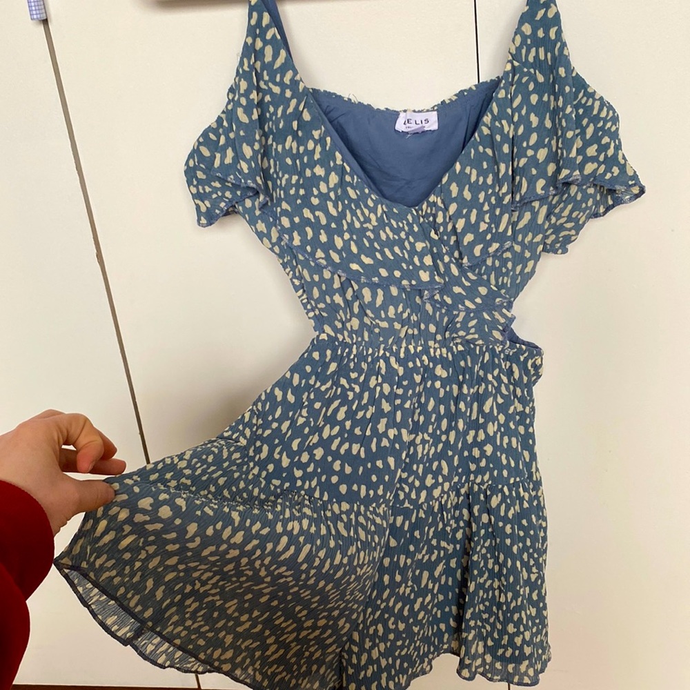 LE LIS Dusty Blue & White Polka Dot Cutout Romper